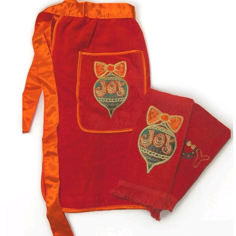 Vintage Royal Terry Waist‎ Apron And 2 Tea Towels Christmas Joy Red MCM Retro